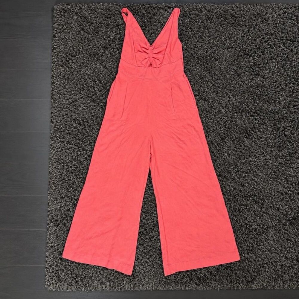 Women’s Coral Orange Linen Blend Wide Leg Jumpsuit Size M